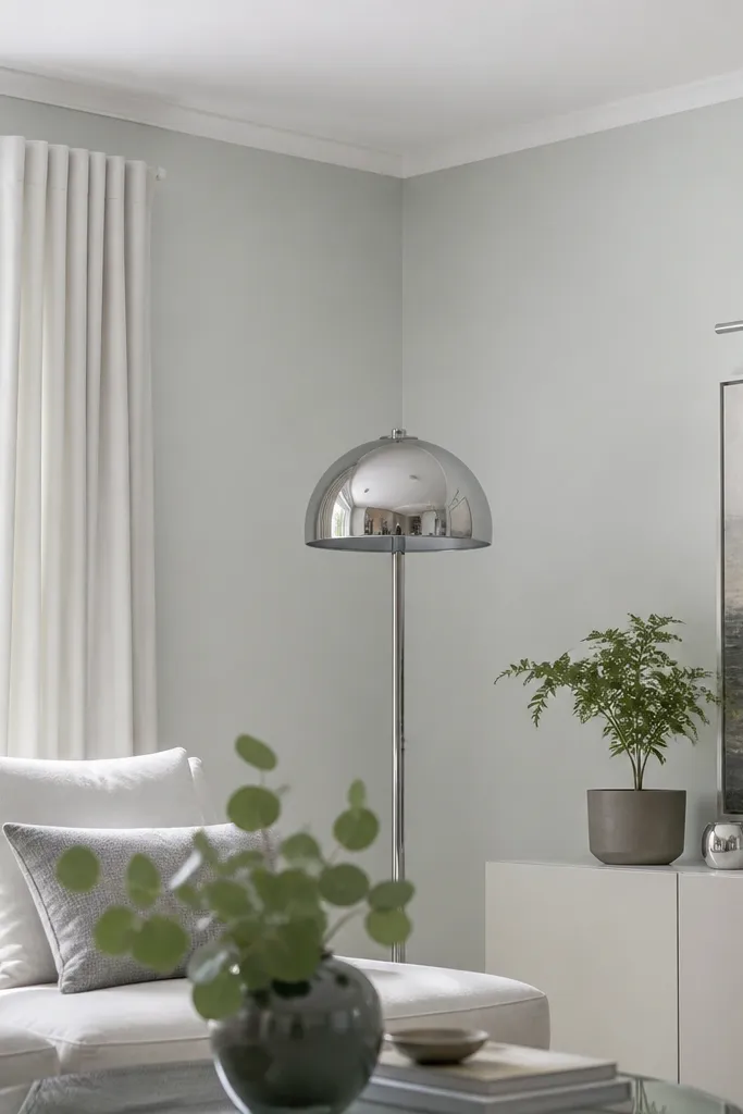 Pale mint-gray walls with white ceiling and chrome lamp accents