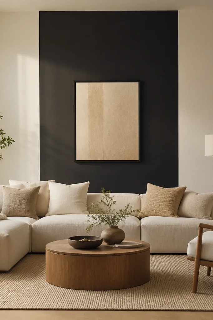 Soft black feature wall panel with light sofas and cream curtains