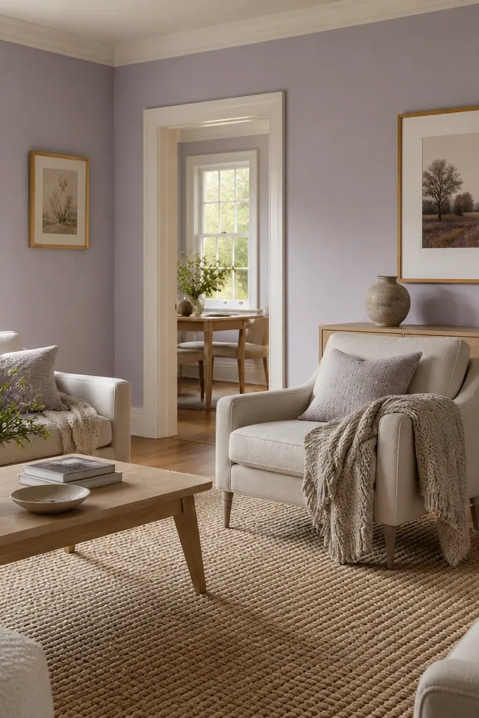 Pale gray-lavender walls with warm white trim and oatmeal rug