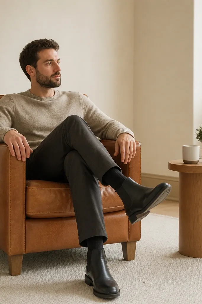 Warm white walls with biscuit baseboards and caramel leather seating