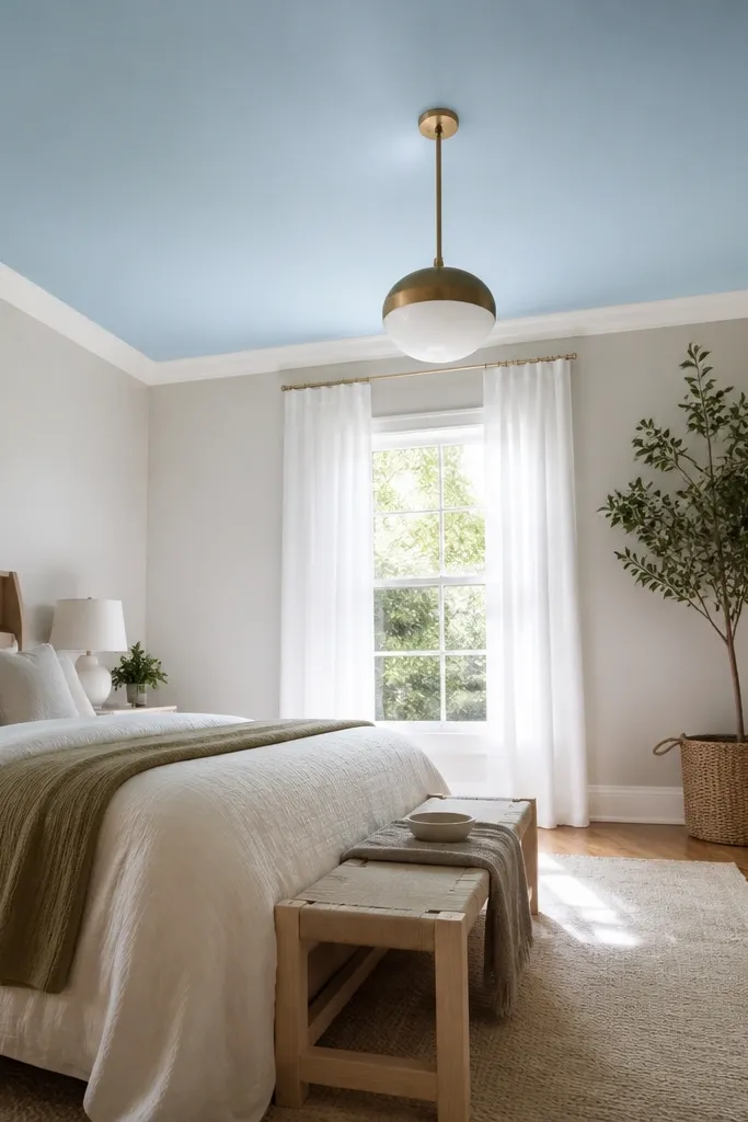 Neutral walls with a sky-blue ceiling and white trim