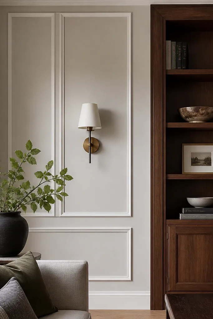 Warm gray walls with white molding and walnut built-in shelves