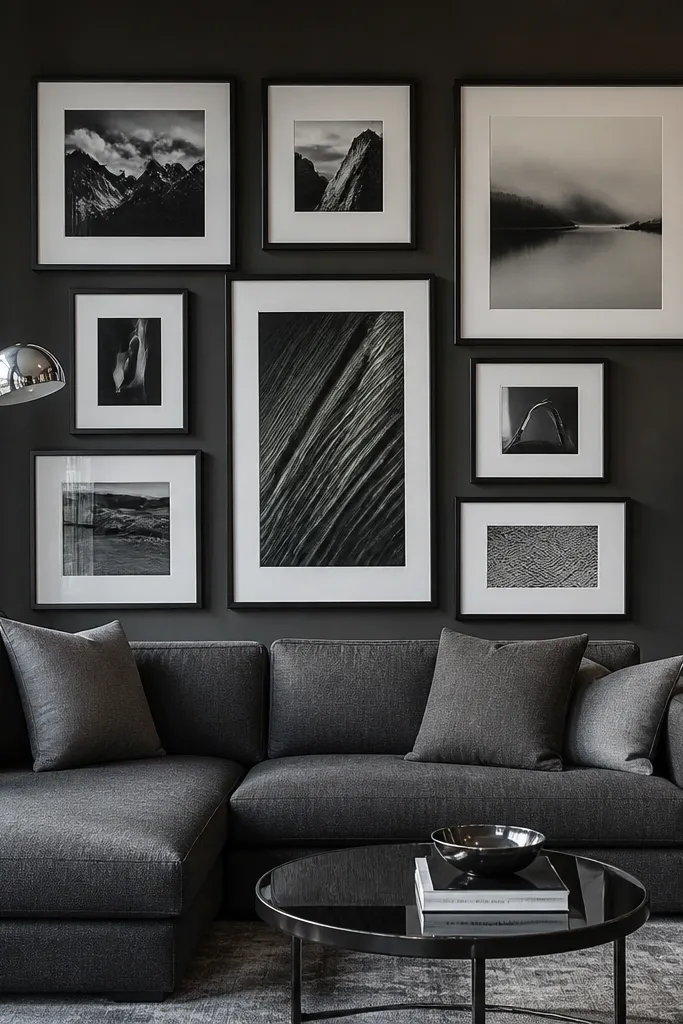 Charcoal walls with white art mats and chrome lamp bases