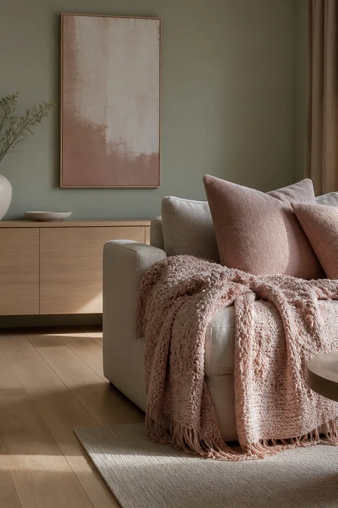 Soft sage walls with blush throw pillows and light oak floor