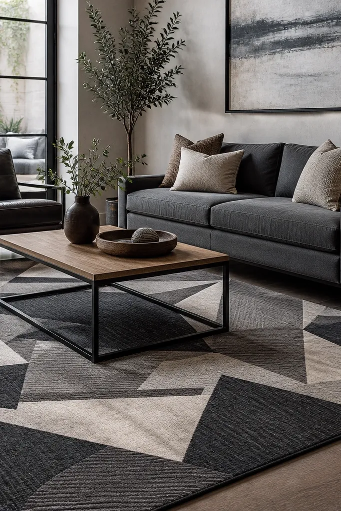 Light stone gray walls with black steel furniture and geometric rug