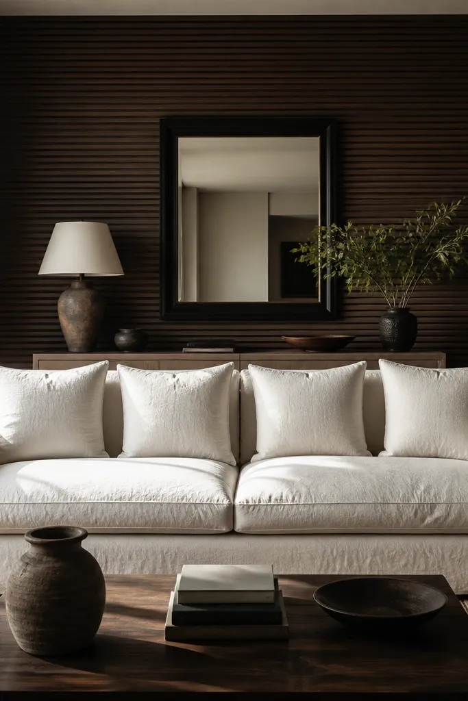 Smoked oak slat wall behind a white linen sofa with a black framed mirror