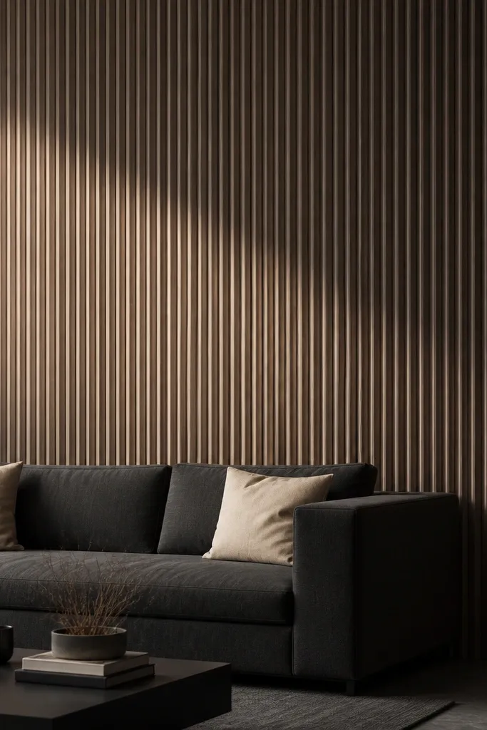 Fluted plaster wall with soft shadows and a charcoal sofa with cream cushions