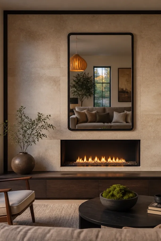 Travertine-look tiled hearth wall with a black mirror above a low console