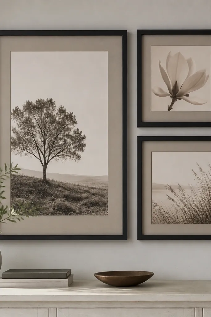 Single-color framed gallery wall with soft cream mats and a light wood console