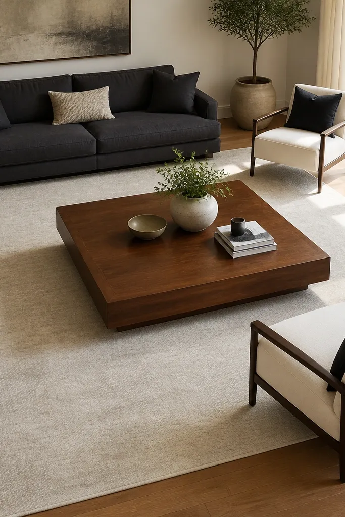 Large area rug under a modern sofa with a low smoked glass coffee table