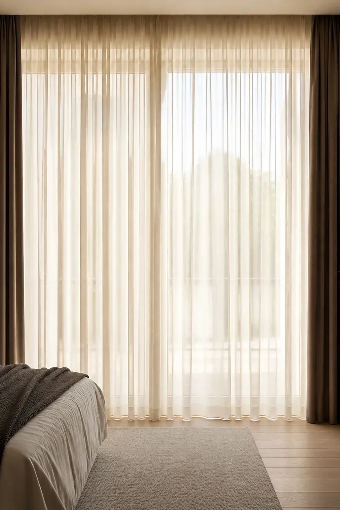 Warm off-white curtains with dark side panels framing large windows