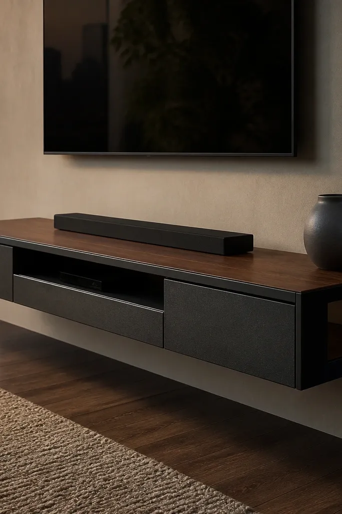 Floating black console with walnut veneer top and minimal decor