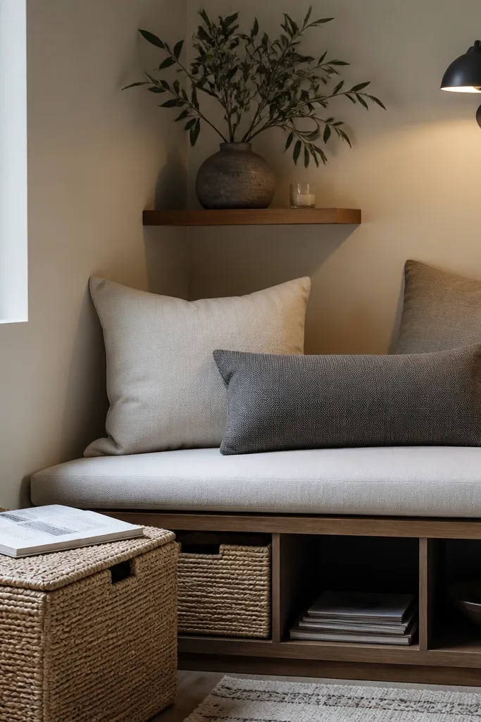 Built-in corner bench with woven storage lid and neutral cushions