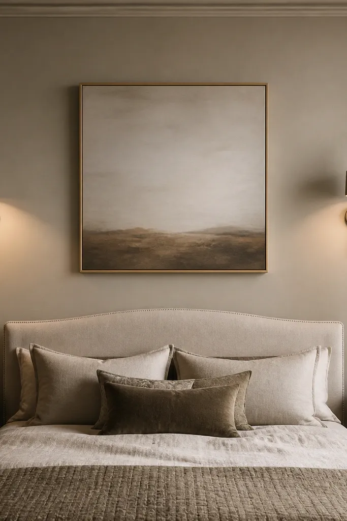 Matte monochrome wall with two brass sconces and a cream sofa