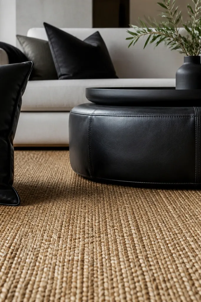 Jute rug under a light sofa with black leather pouf and tray