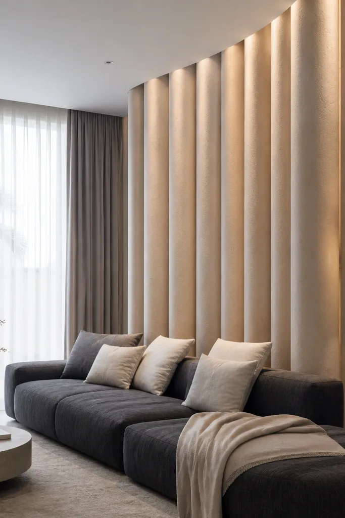 Two sculptural plaster columns in a corner with a cream sofa and dark accents