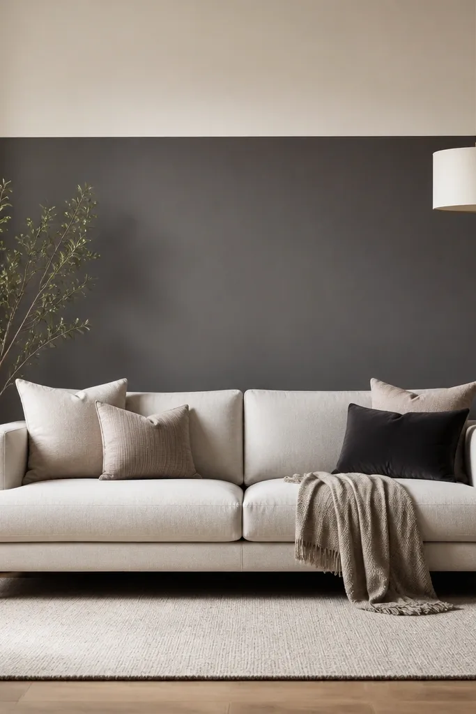 Accent wall behind sofa with two modern paint blocks in taupe and off-white