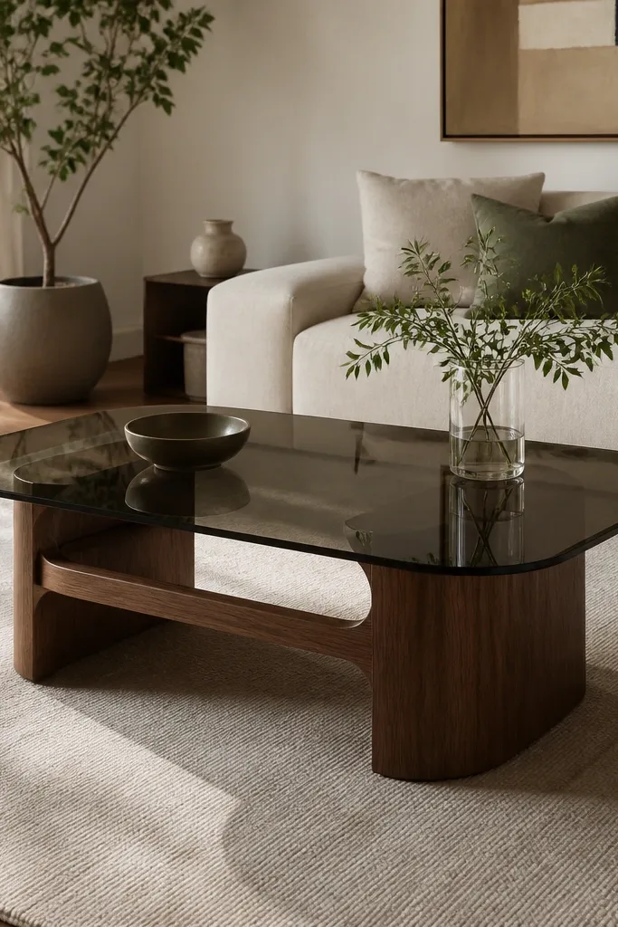 Smoked glass coffee table on walnut base with a cream sofa and layered cushions