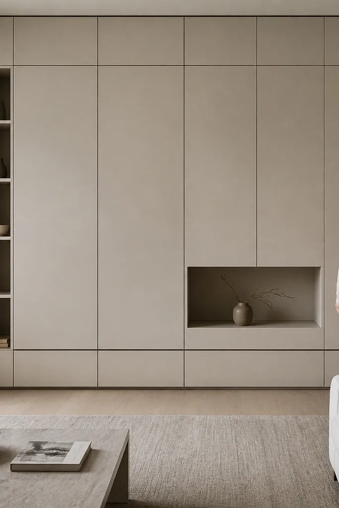 Matte slab storage wall with hidden handles and minimal decor