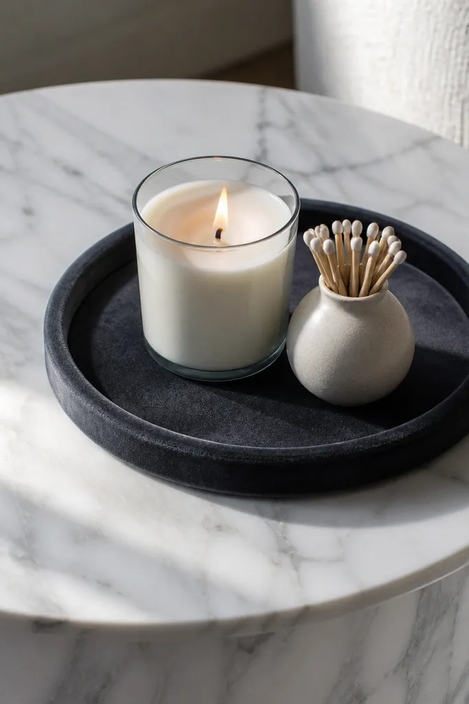 Marble-effect side table with a black velvet tray and neutral decor