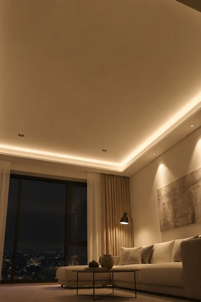 Soft ceiling coves with warm indirect LED glow above a neutral seating area