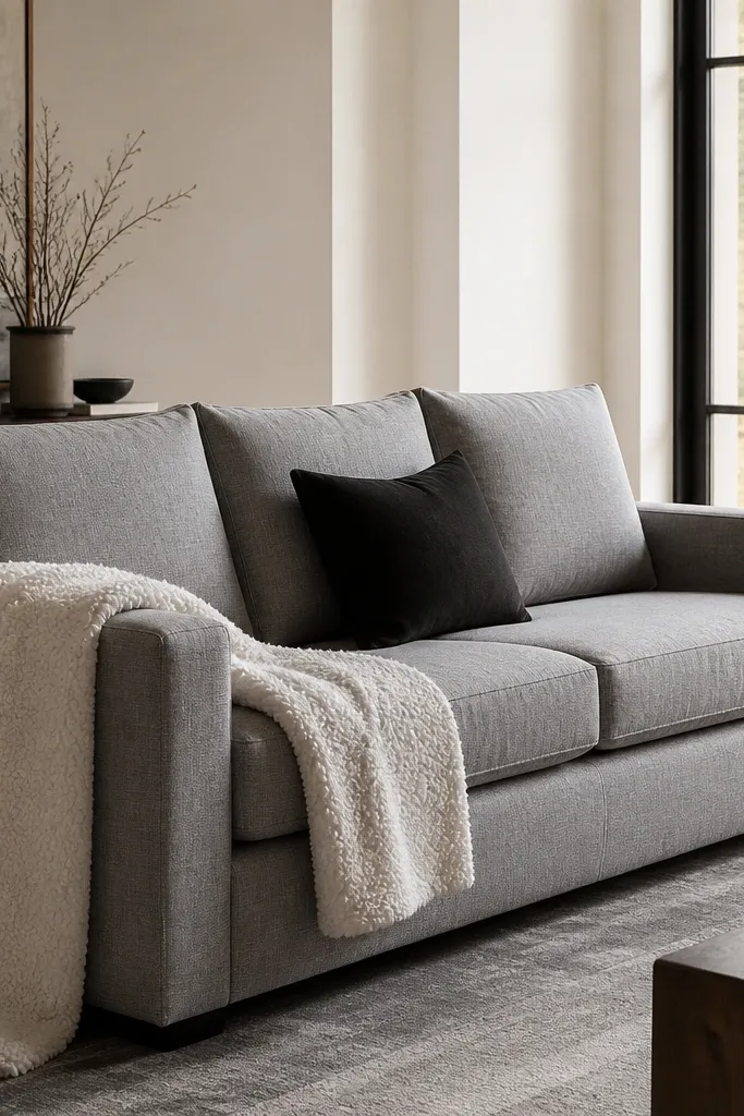 Cream sofa with boucle throw and knife-edge cushions in taupe tones