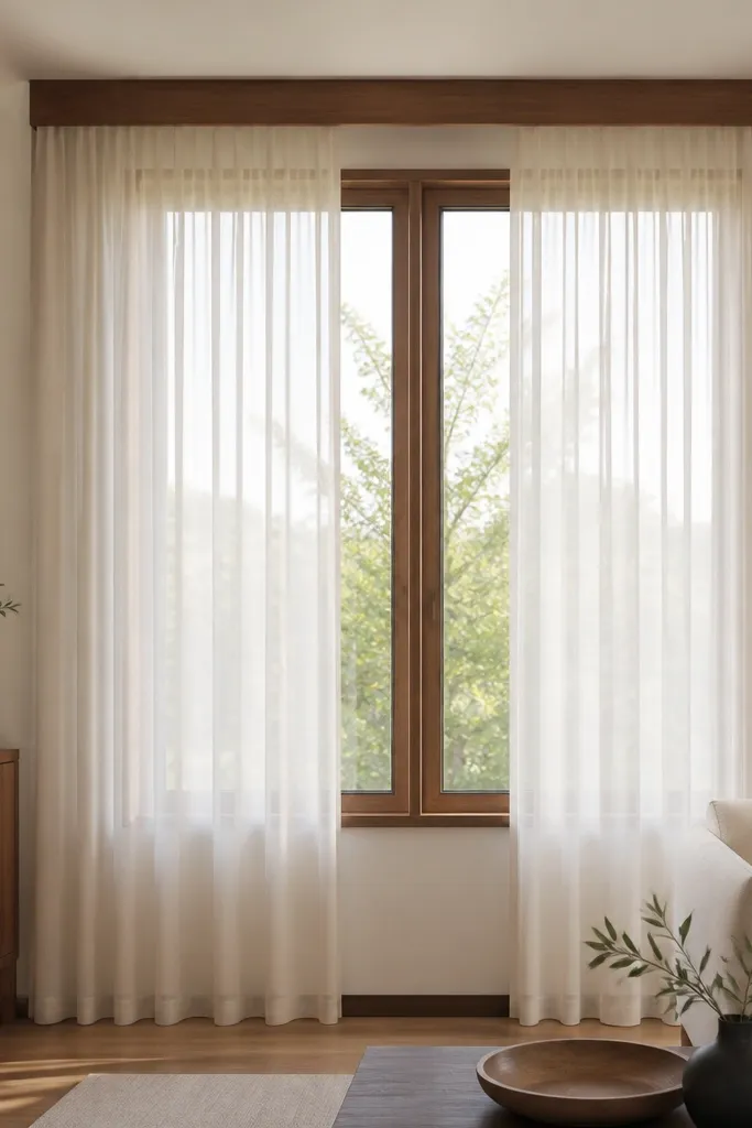 Walnut-trim window with floor-length sheer curtains and minimal rod