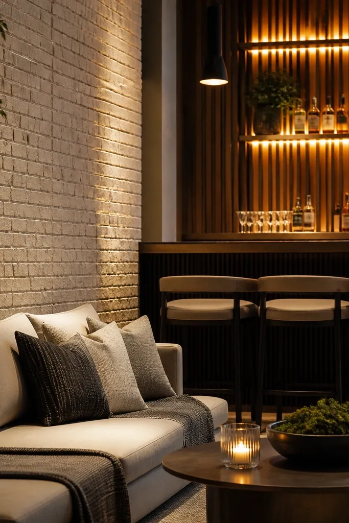 Half-height brick wall limewashed with walnut slats and warm backlit bar niche