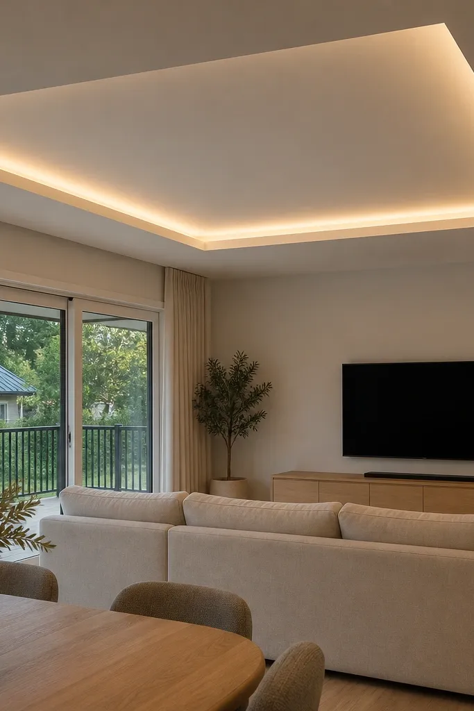 White boxed tray ceiling with a thin inner step and a warm LED strip