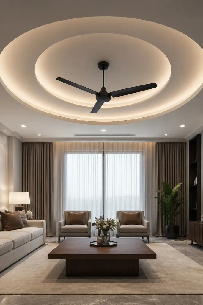 Two-level ceiling with a centered circular POP medallion and spotlights
