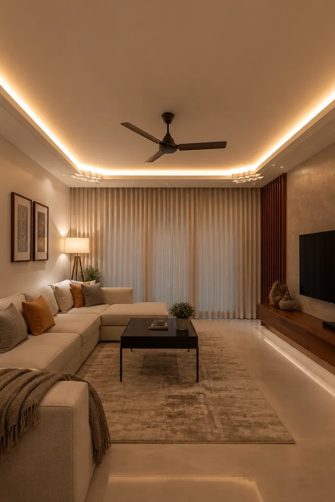 White ceiling with LED strip around edges and small corner steps