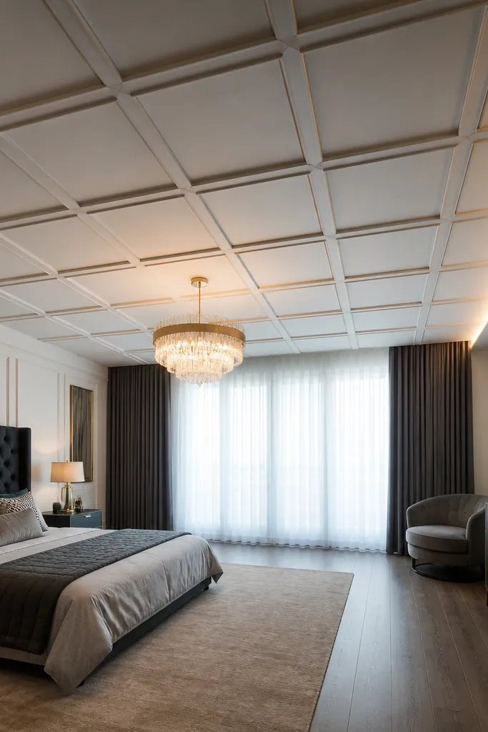 Ceiling with neat square grid panels and a hidden strip light line