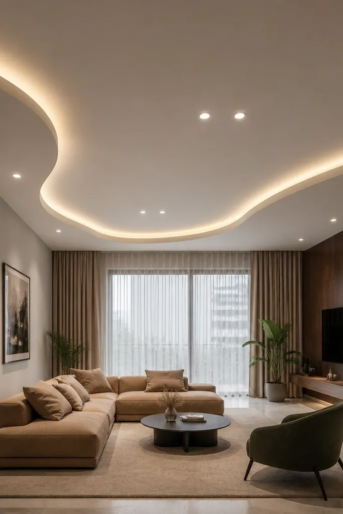 Ceiling edge has a smooth wave lip with recessed downlights