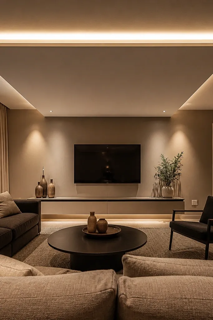 Ceiling has a half-frame design focused toward the TV wall with LED glow