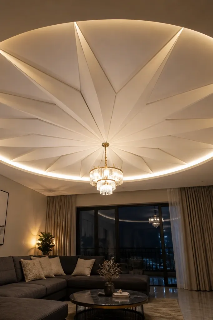 Ceiling has a starburst center with a glowing circular LED ring