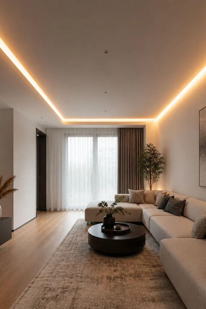 Ceiling with an L-shaped LED channel and recessed downlights