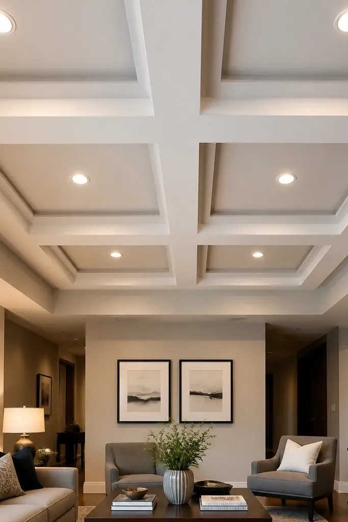 Ceiling with rectangular coffers divided by four clean rails