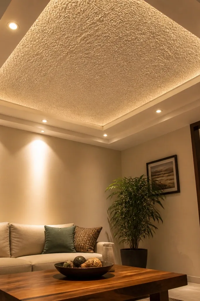 Ceiling has textured POP center panel with a smooth border frame