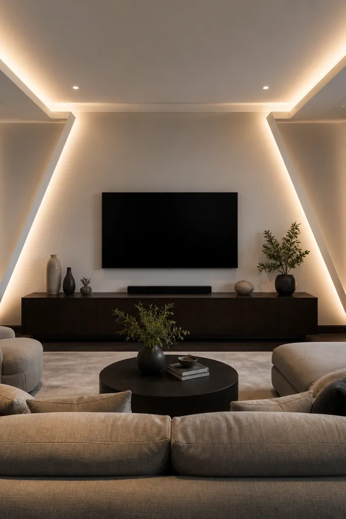 Ceiling has two slanted ramps on sides with LED wash toward the center