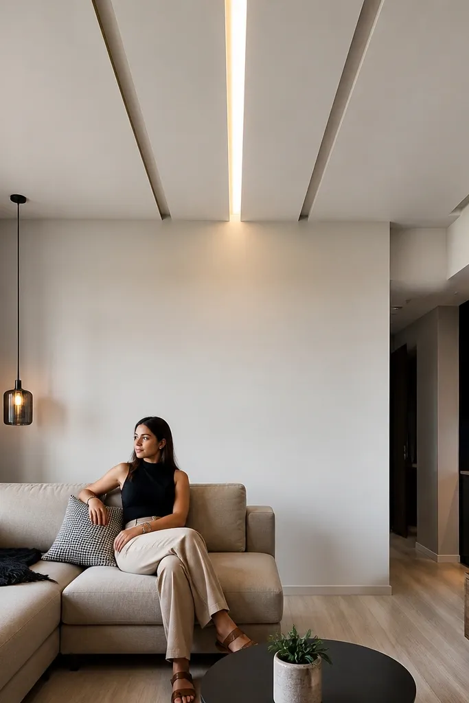 Ceiling with three parallel slots and one hidden LED line