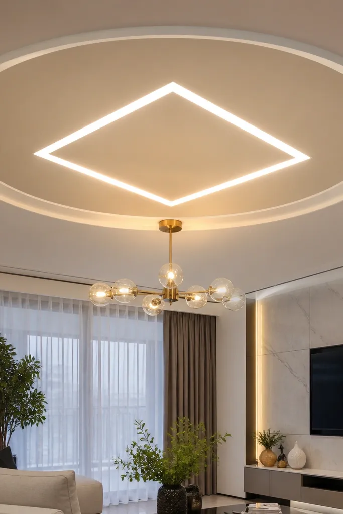 Ceiling with round outer border and a square center frame with LED