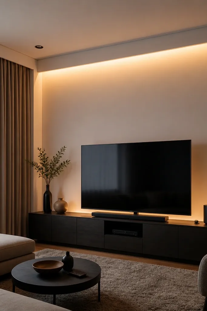 Ceiling has a thin border with a recessed lighting trench behind the TV side