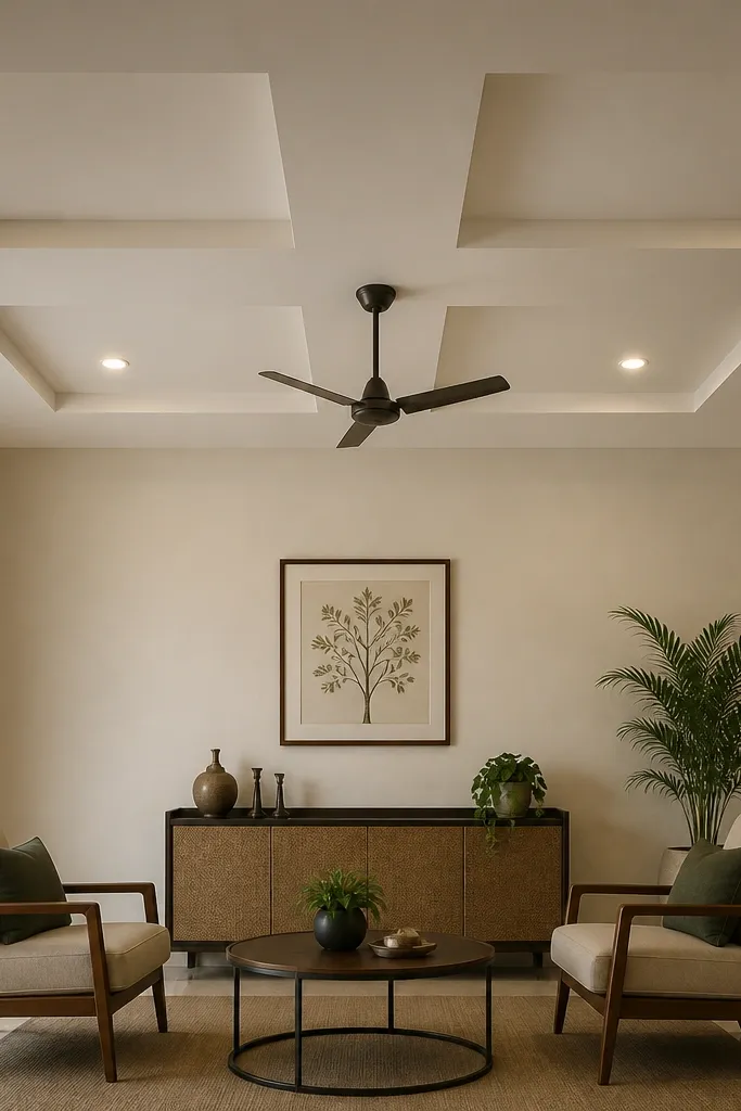 Ceiling has a cross-shaped frame with four corner downlights