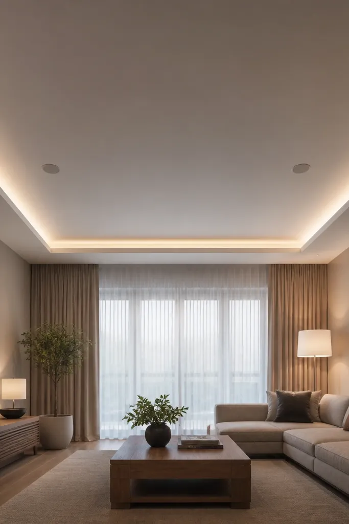 Ceiling has higher center with corner drops and LED uplight glow