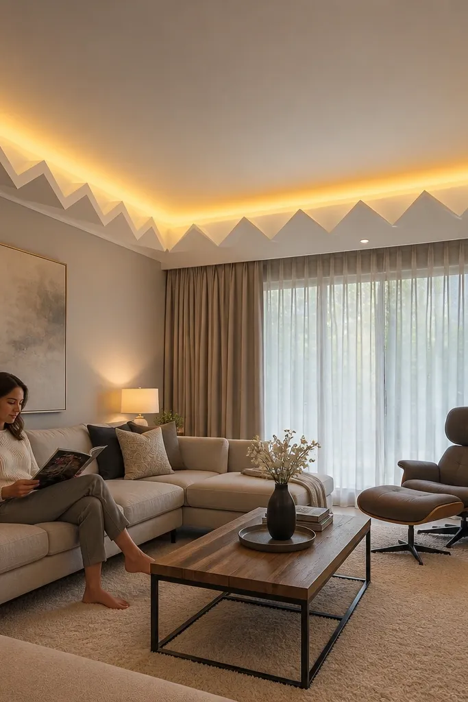 Crown cove ceiling with zigzag fascia and warm LED glow around the room