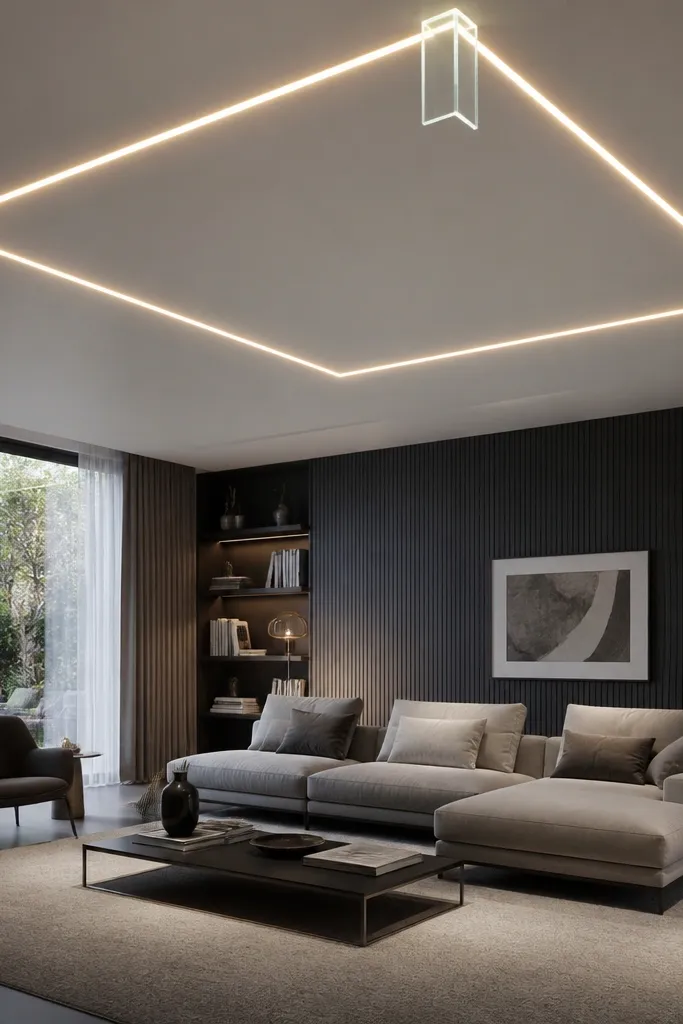 Angular corner drops with glowing LED lines and floating ceiling accents