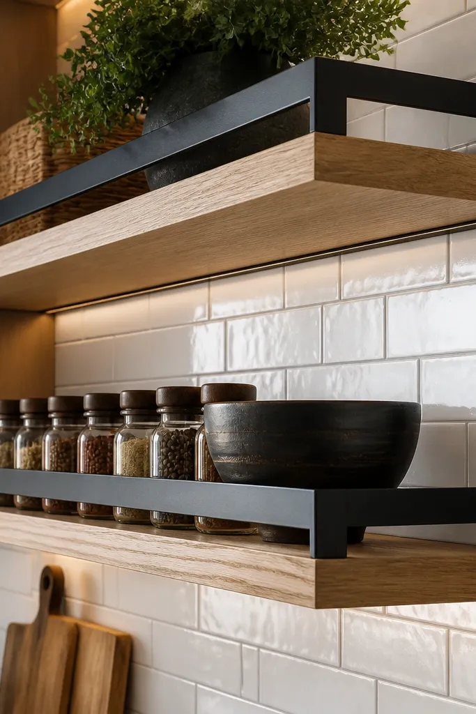 Light wood shelves mounted on a matte black rail above a kitchen countertop