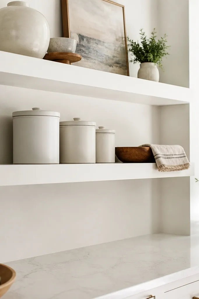 White shelves with clean edges and no visible brackets on a light kitchen wall