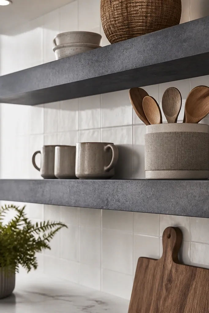 Charcoal gray shelves with a textured concrete-like finish on a kitchen wall