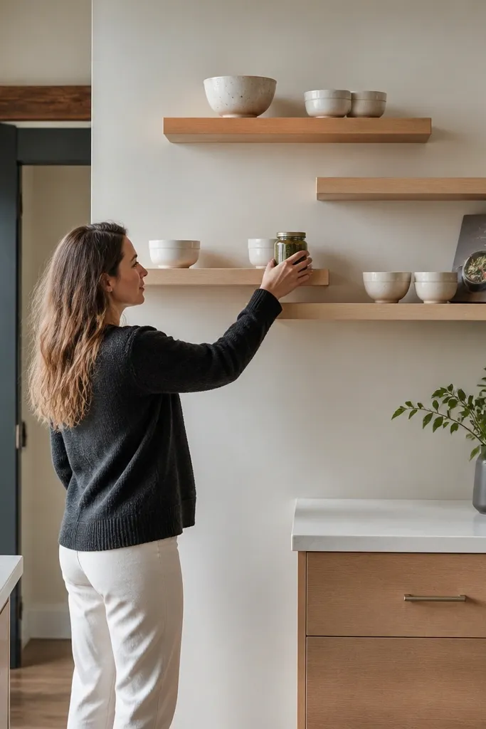 Two-tier beech shelves staggered left and right above a kitchen counter